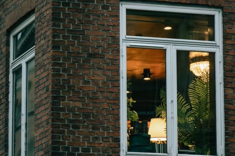Stylish Copenhagen street corner showcasing windows with warm lighting and indoor plants.